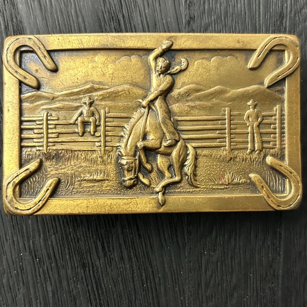 Vintage Leavens Mfg Belt Buckle Bucking Bronco Cowboy Rodeo 4 Corner Horseshoes